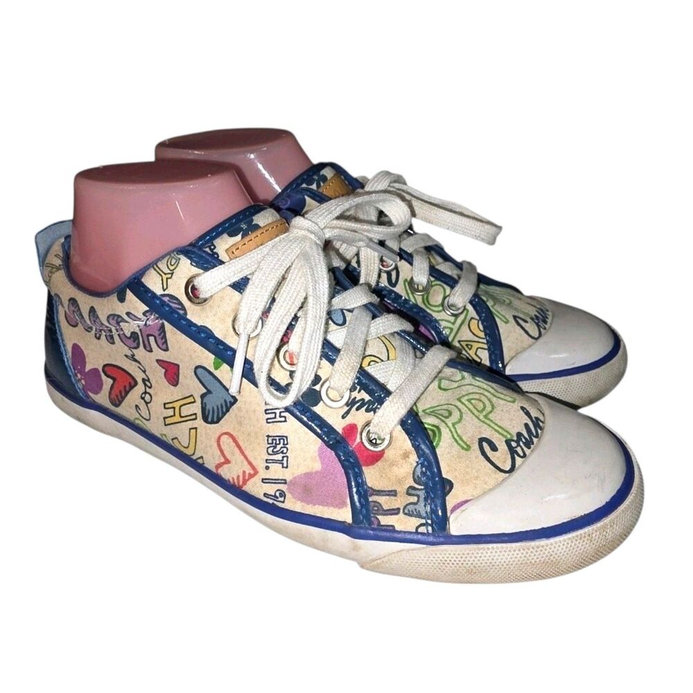 COACH POPPY BARRETT Sz 8 Off White AOP Logo Canvas Lace Up Casual Preppy Shoes